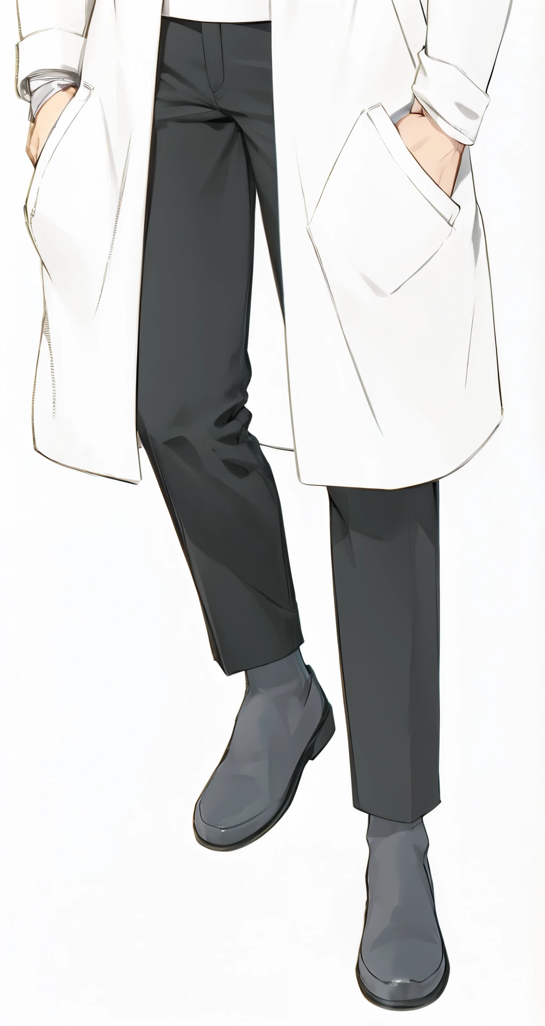 Anime man wearing white lab coat and black pants, black shoes, hand on pocket pose