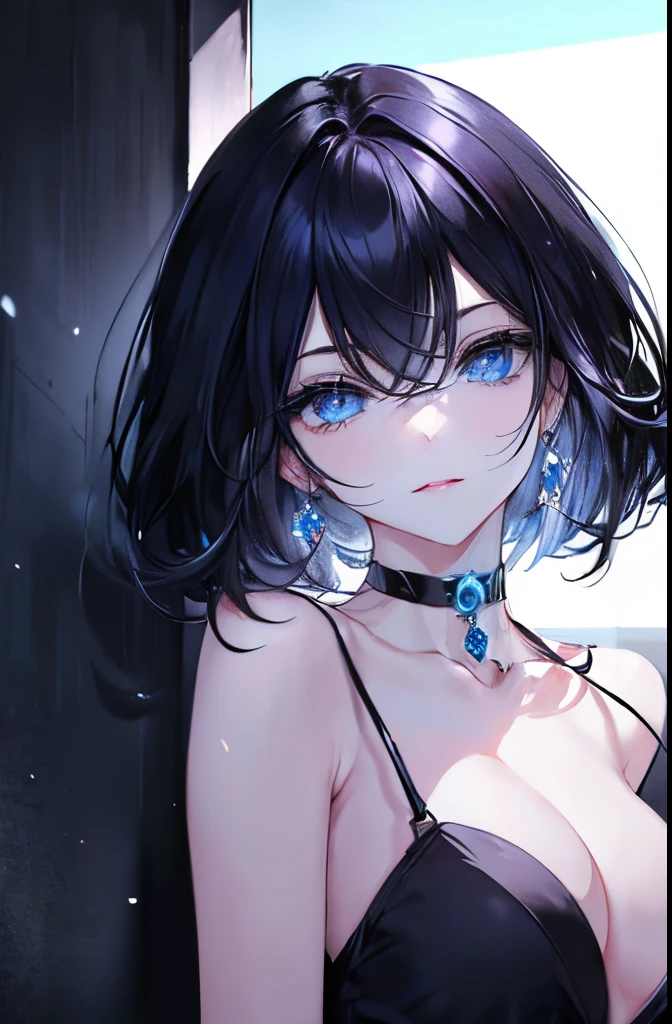 (masterpiece), best quality, perfect face, looking at viewer, (black hair, side bangs), expressive pale blue eyes:0.7, (depth perception:0.7), ((torso)), ((centered)), glowing eyes, ((seductive eyes)), feminine, smile, neck choker