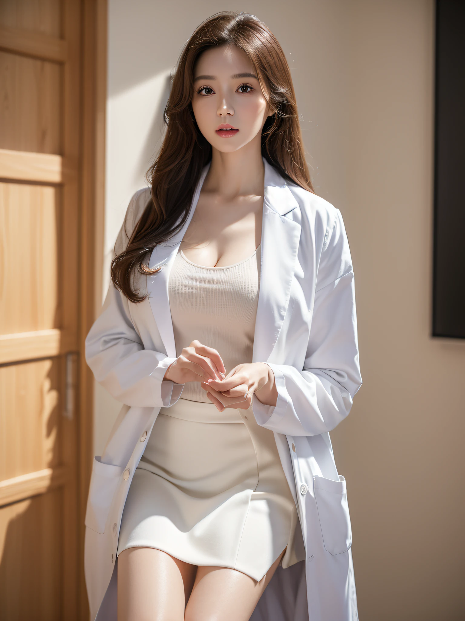 Realistic beauty doctor、Amazingly beautiful、Doctor white coat, Doctor of fashion、(top-quality、8K、32K、masterpiece、north african free trade area:1.3)、超高分辨率,(实感:1.4),Original photography, 详细的脸,,long beautiful hair, ((Doctor style)), , leotard skirt、 natural makeup, cleavage, Daifuku