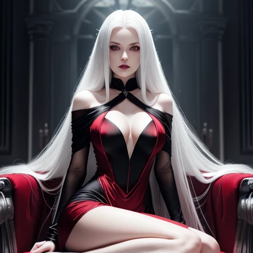 (master piece), (best quality), a vampire, vampire woman, with platinum hair, long hair, heavy and platinum hair, very white skin, skin as white as snow, red eyes, ruby ​​eyes.  [(pose: sitting on a throne, legs crossed, hands crossed on the knees,.(sitting sideways),(looking forward), silk throne, (white silk, red silk)]. [(Clothes: ( black dress), (large neckline), irregular edges, gothic and sexy style, marked breasts, long cut dress, (exposed legs), high heels,.stiletto heels.)], [(lighting: volumetric lighting), back light, soft light.- 4k