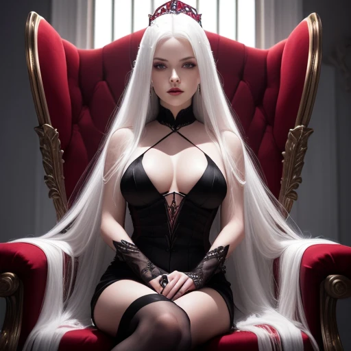 (master piece), (best quality), a vampire, vampire woman, with platinum hair, long hair, heavy and platinum hair, very white skin, skin as white as snow, red eyes, ruby ​​eyes.  [(pose: sitting on a throne, legs crossed, hands crossed on the knees,.(sitting sideways),(looking forward), silk throne, (white silk, red silk)]. [(Clothes: ( black dress), (large neckline), irregular edges, gothic and sexy style, marked breasts, long cut dress, (exposed legs), high heels,.stiletto heels.)], [(lighting: volumetric lighting), back light, soft light.- 4k