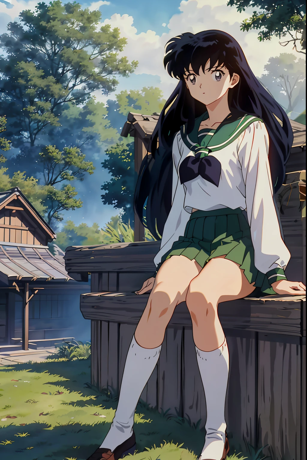 (Masterpiece: 1.6, Best Quality), (Fine Beautiful Eyes: 1.2), (best quality, masterpiece, highres), kagome higurashi, 1girl, solo, green school uniform, soft thighs , long sleeves, white socks, sitting, scenery,