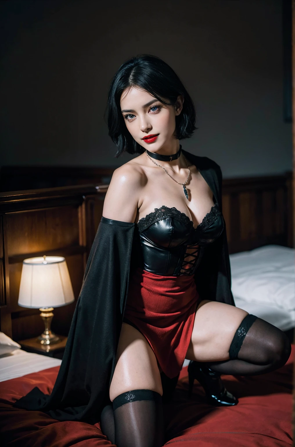 full body picture, 25 year old girl, vampire, black hair, short hair, disheveled hair, pale skin, blue eyes, dark red lips, medium breasts, mischievous smile, vampire fangs, black corset with intricate red details, flowing black cape, black pleated skirt, black stockings with one stripe, black and red high heels, black choker, black diamond pendant on plunging necklace, (kneeling on bed, beckoning viewer to come close), moonlight streaming, light rays, inside of an old church, candlelit, (best quality, 4k, 8k, highres, masterpiece:1.2), ultra-detailed, (realistic, photorealistic, photo-realistic:1.37), HDR, UHD, studio lighting, light source from behind, sharp focus, extreme detail description, professional, vivid colors, dark and mysterious atmosphere, modeling stance, seductive stance, confident stance, legs spread, hypnotic gaze