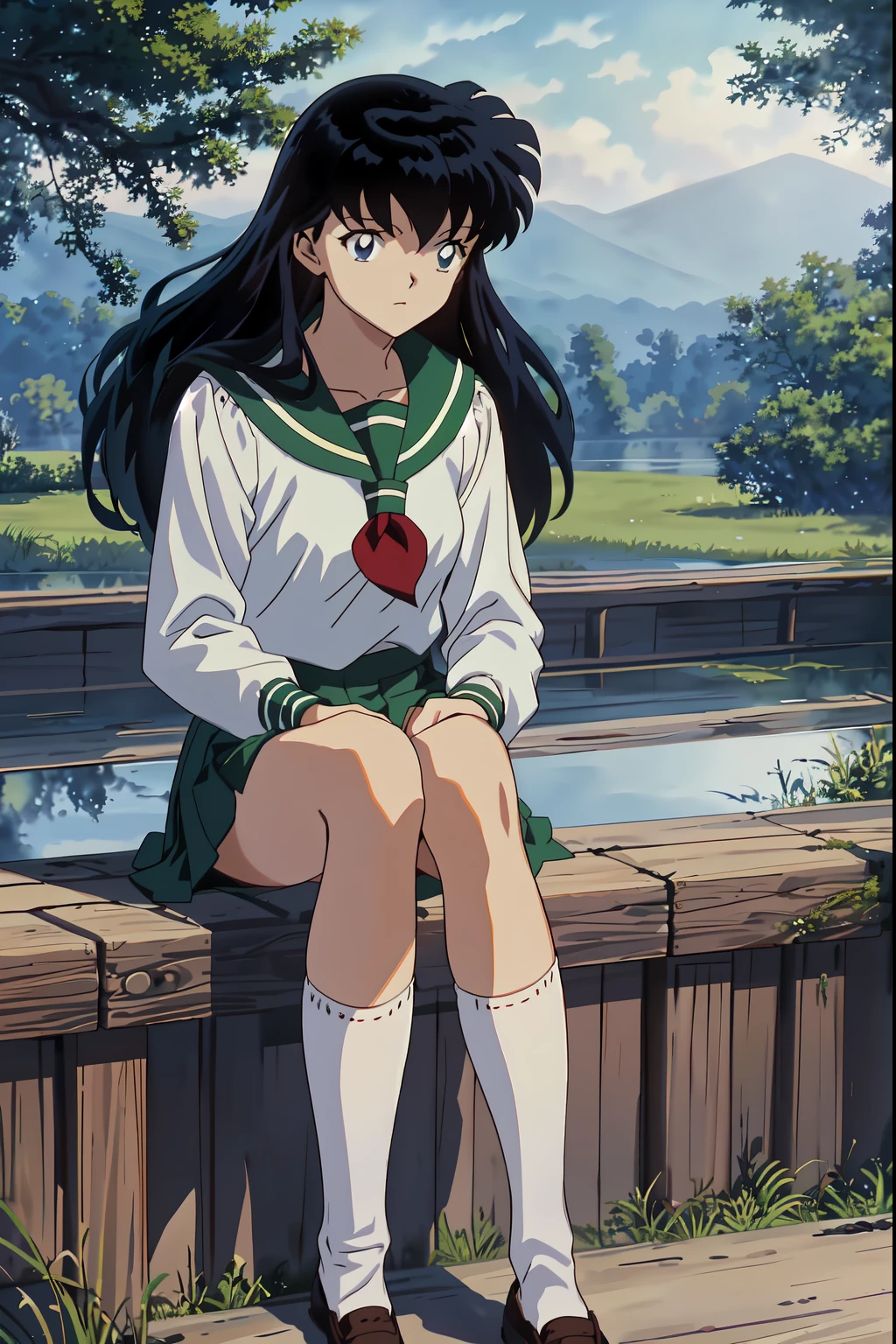 (Masterpiece: 1.6, Best Quality), (Fine Beautiful Eyes: 1.2), (best quality, masterpiece, highres), kagome higurashi, 1girl, solo, green school uniform, soft thighs , long sleeves, white socks, sitting, scenery,