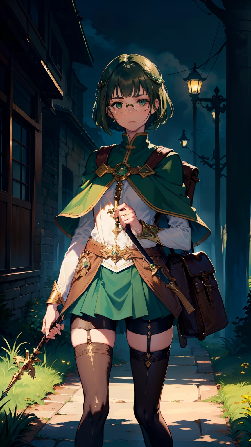 masterpiece, ultra detailed, 8k portrait, RAW photo, portrait photography, highly detailed face, beautiful and meticulous eyes, ((Fantasy)), Young beautiful, , dynamic pose, (((short deep green bobbed hair))), blunt bangs, White skin color, glasses, Luxury, (((tunic and short pants))), (((brown cape))), (((large back pack))), (((dark thigh high tights))), ((holding long magical staff)), Midday Sun, hyper realistic, slender body, Long legs, on the medieval road, Ambient lighting, Shadow details , Camera focus on face, strong breeze, Light fog