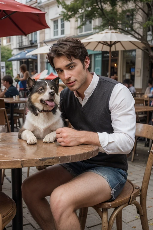 ((best quality)), ((masterpiece)), (detailed), (handsome face), (male), (with dog),(outdoor cafe),(at table),

with flowers