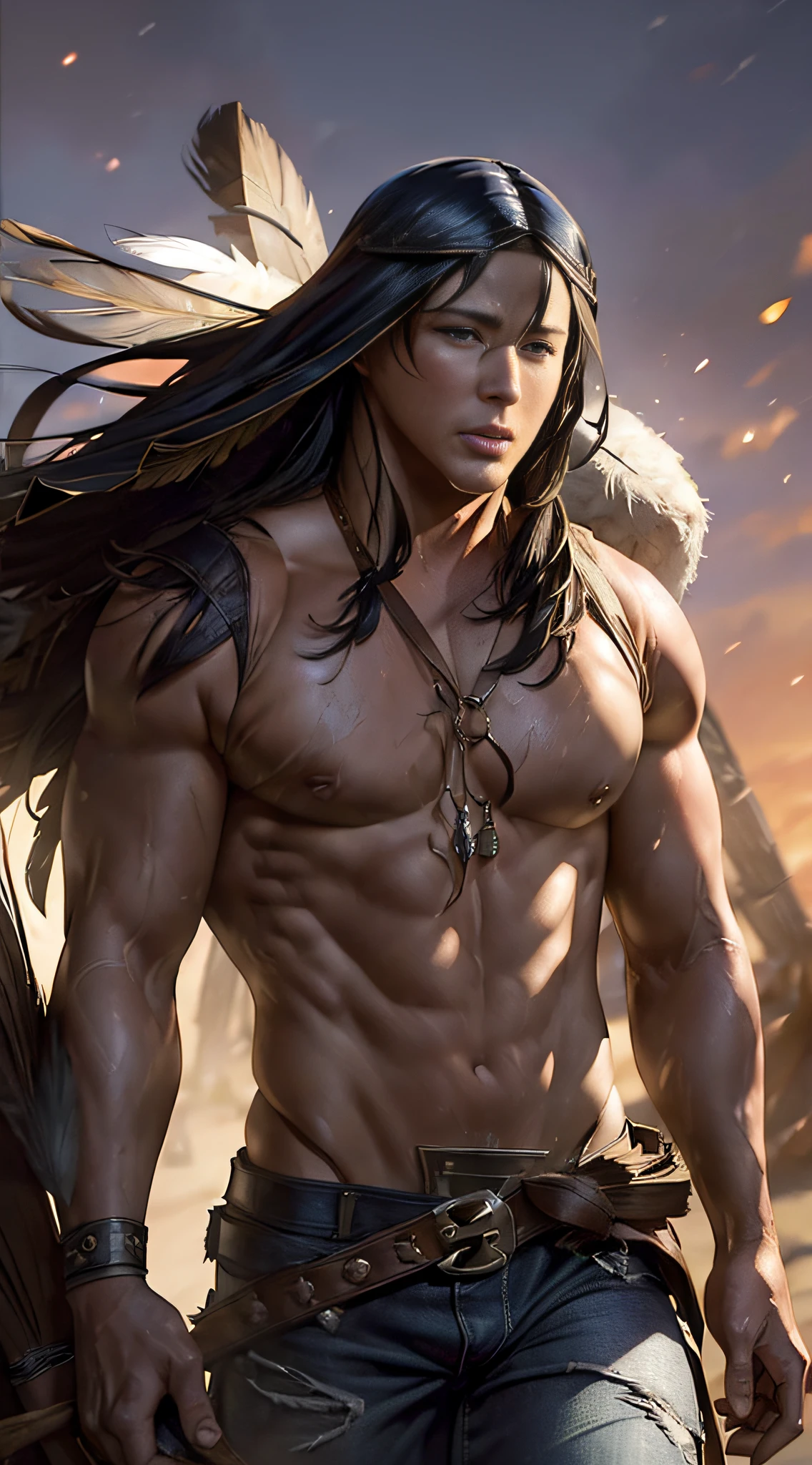 actor ((Channing Tatum:1.4)) as Nightwolf from Mortal Kombat, wields tomahawk, black long hair, wears traditional Native American attire, headdress adorned with feathers, black waistcoat, blue jeans, loincloth, decorative accessories, elements of animal hides, tribal patterns, spiritual symbols, intricate, high detail, sharp focus, dramatic, photorealistic painting art by greg rutkowski