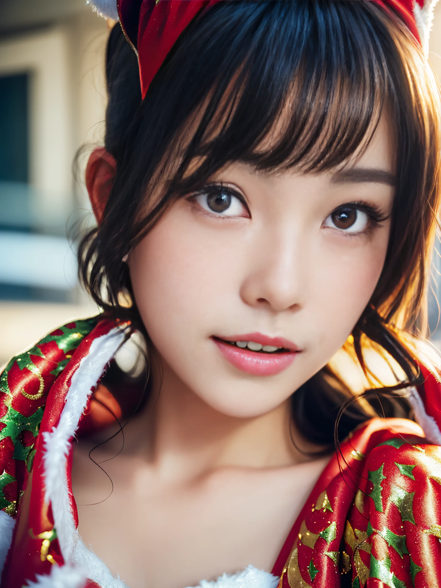tre anatomically correct,Masterpiece of,High image quality,(Cute Santa Claus costumes:1.5),(The material of the costume is high quality silk..:1.4),20 years old, Japan Female, (Random posture:1.4),Professional Lighting,((Japan hair)),((Natural smile)),The ultra-detailliert、High quality textures、intricate detailes、detaileds、Very detailed CG、High quality shadows、Detail Beautiful delicate face、Detail Beautiful delicate eyes、depth of fields、Ray traching,1girl in, japanaese girl, Fashion Model, slender,Warm atmosphere,Outdoors with a Christmas atmosphere