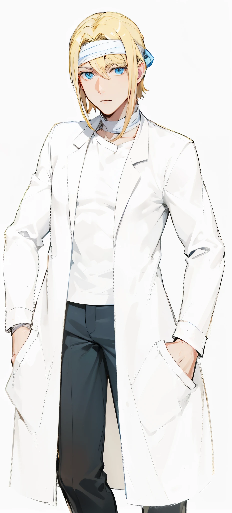 Anime blonde and blue eyes man with bandage on his head and his neck, wearing white coat and white shirt, bandage on his hand