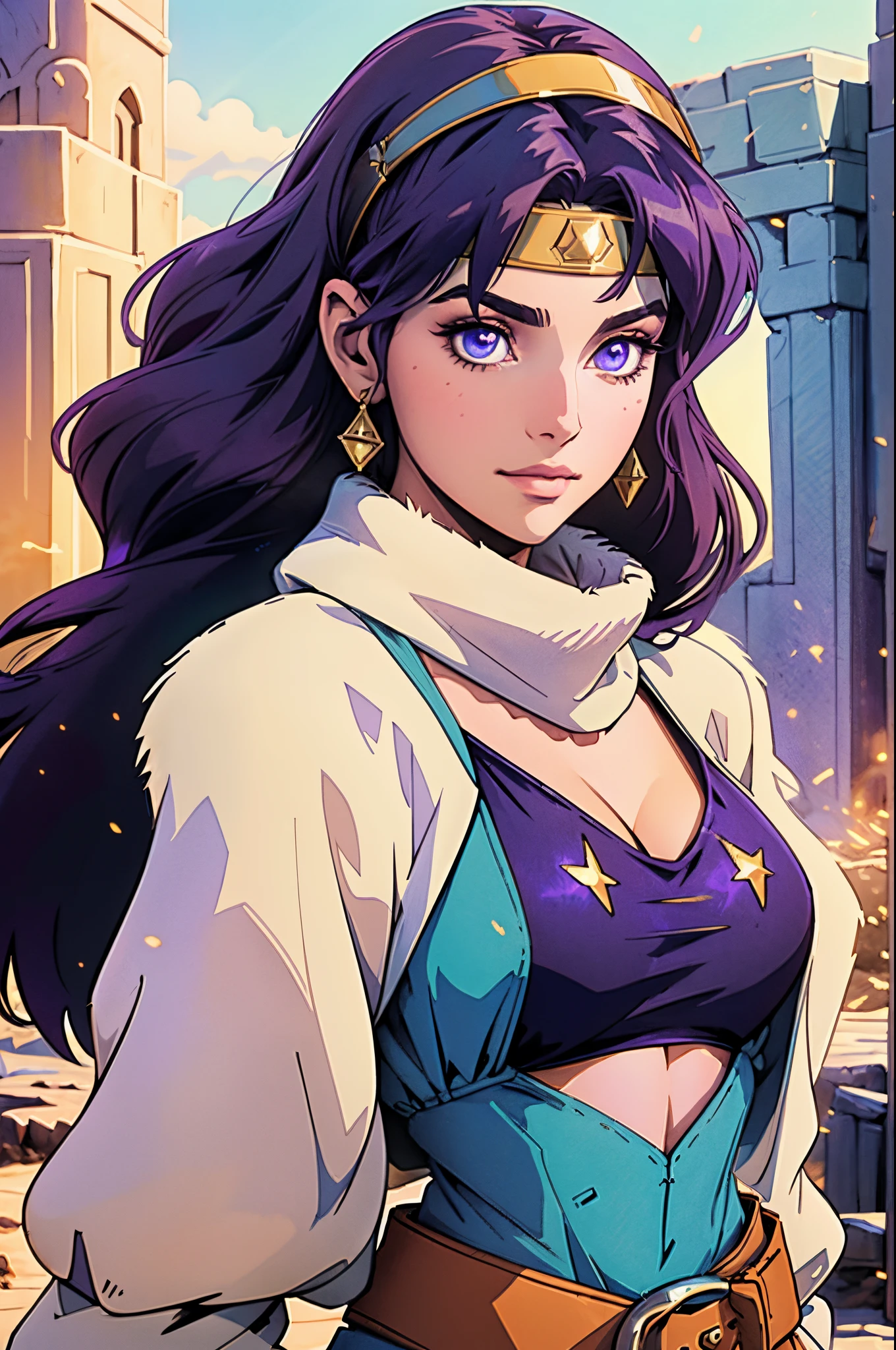 A beautiful woman, short purple hair, long bangs covering her left eye, a headband on her forehead, an exquisite and charming face, a mysterious gaze, a faint smile, draped over her shoulders a thick fur scarf connected to sleeves made of the same fur, a fantasy-style bikini outfit, showcases her delicate and alluring figure, a fur belt around her waist, the background features a cracked giant stone in the wilderness emitting an eerie glow, this character embodies a finely crafted fantasy-style female villain in anime style, exquisite and mature manga art style, perfect body, perfect nose, goddess, femminine, high definition, best quality, highres, ultra-detailed, ultra-fine painting, extremely delicate, professional, anatomically correct, symmetrical face, extremely detailed eyes and face, high quality eyes, creativity, RAW photo, UHD, 8k, Natural light, cinematic lighting, masterpiece-anatomy-perfect, masterpiece:1.5