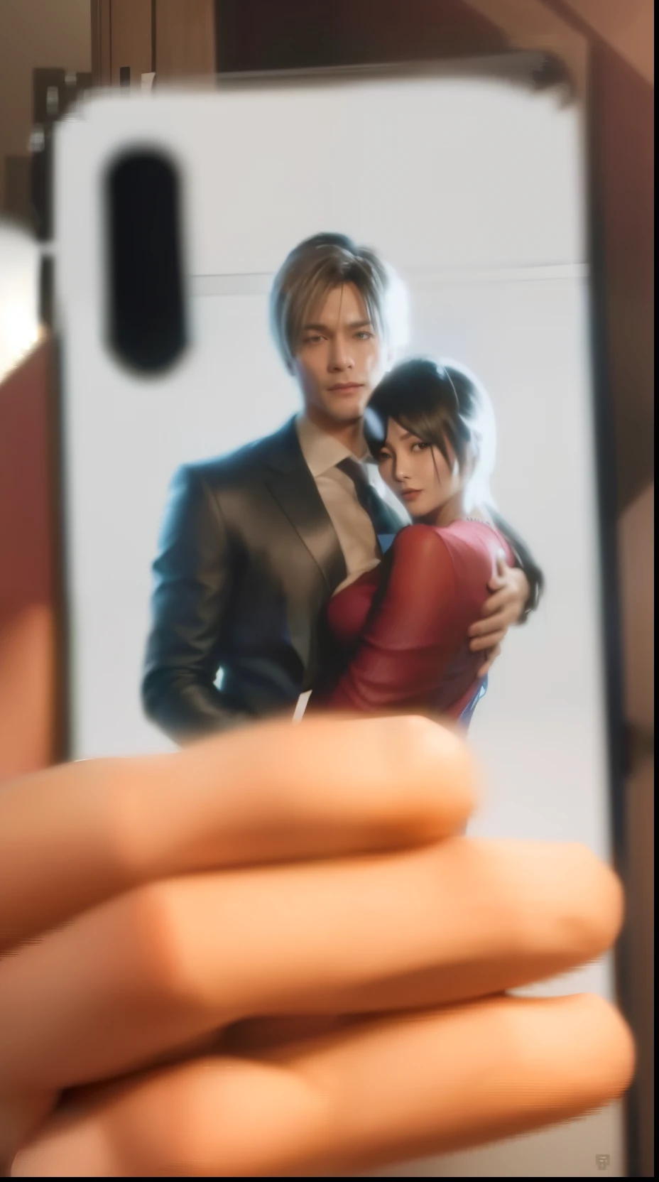 Picture Man and woman, ada wong and Leon Scott kennedy, wearing blue tuxedo and tanktop dress With an open chest, smile, perfect face, hug, Spoiled, kiss