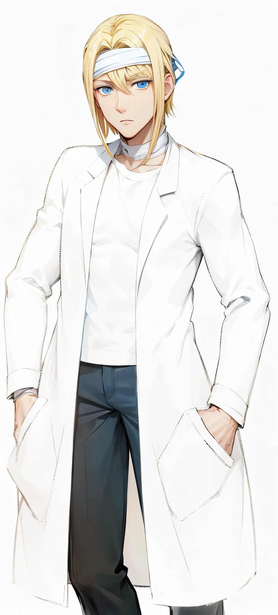 Anime blonde and blue eyes man with bandage on his head and his neck, wearing white coat and white shirt, bandage on his hand