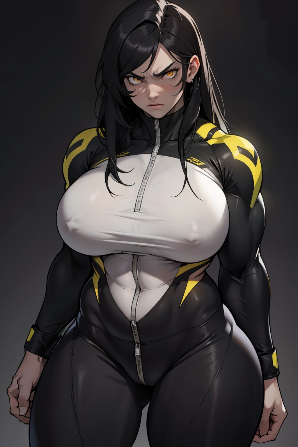 (bodybuilder) pale skin yellow eyes black hair very long hair 1girl huge breasts dark atmosphere thick thighs grey background tight clothes angry