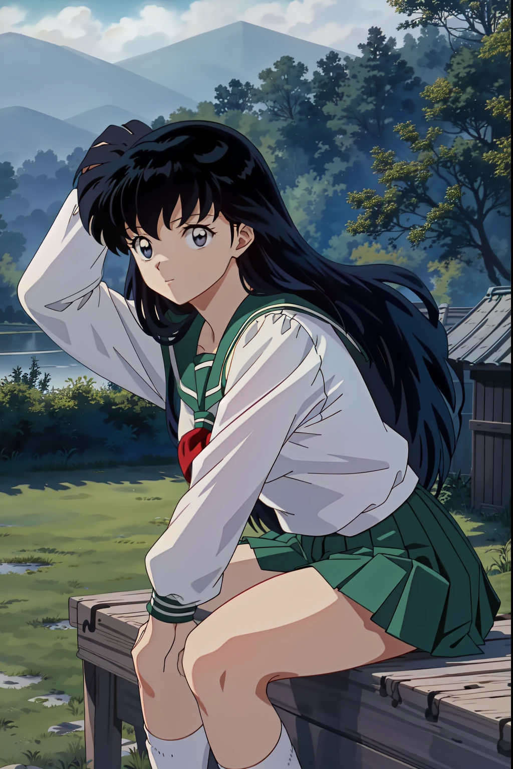 (Masterpiece: 1.6, Best Quality), (Fine Beautiful Eyes: 1.2), (best quality, masterpiece, highres), kagome higurashi, 1girl, solo, green school uniform, soft thighs , long sleeves, white socks, sitting, scenery