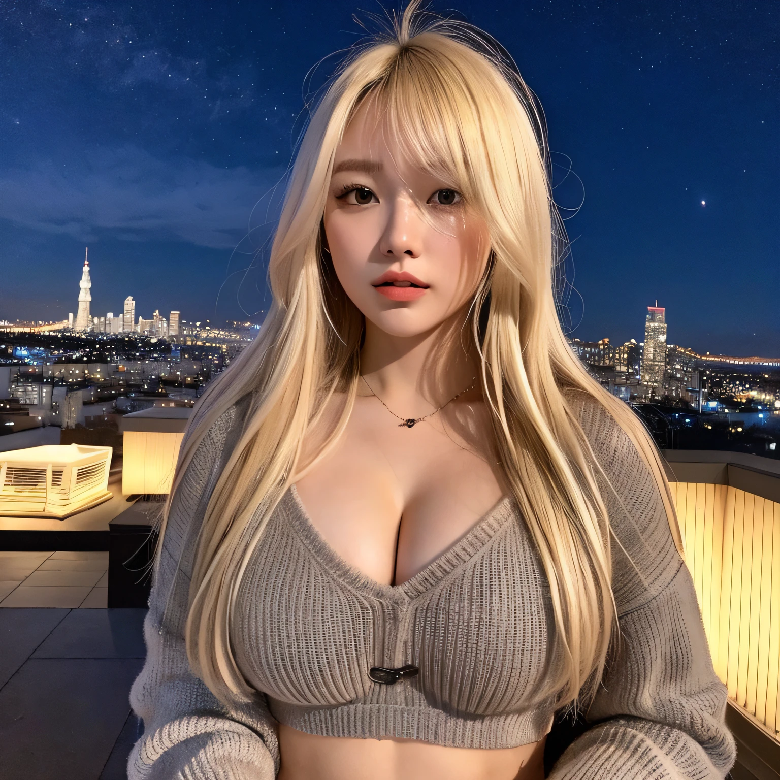 1730717681　where you are alone、erotick、good blonde hairstyle、Beautiful skin、Colossal tits、With the night view in the background、Wear winter knitwear that emphasizes your chest、Embarrassed look、