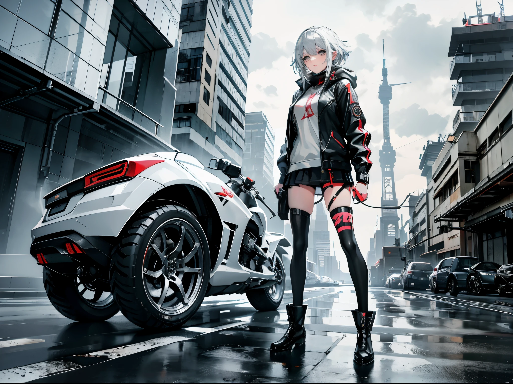 cyberpunked、girl with２a person、mechanic、comical、Anime style、white  hair、motor bikes、leather jackets、punk coloring、sity、nightcity、Street、doodle、parka、Mature、Tall Woman、Military、long boots