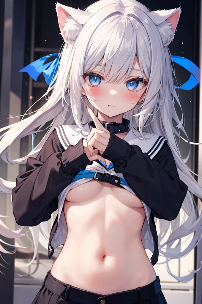 1girl,one_finger_selfie_challenge,hand cover boob,hand cover pussy cute, , young, boyish, childish, small breasts, silver hair, cat ears, blue eyes, beautiful eyes,  girl, ecstasy, sailor collar, estrus, metestrus, start to undress, naughty sexy, lost virgin, virgin, blush, beautiful skin, big bow on chest
