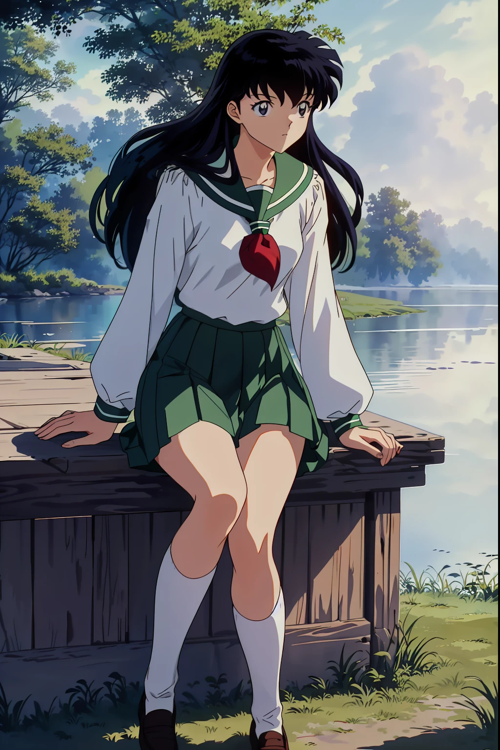 (Masterpiece: 1.6, Best Quality), (Fine Beautiful Eyes: 1.2), (best quality, masterpiece, highres), kagome higurashi, 1girl, solo, green school uniform, soft thighs , long sleeves, white socks, sitting, scenery