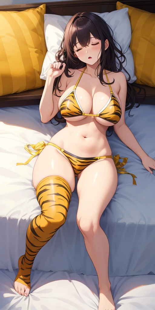 full body sleeping woman on bed, yellow tiger bikini