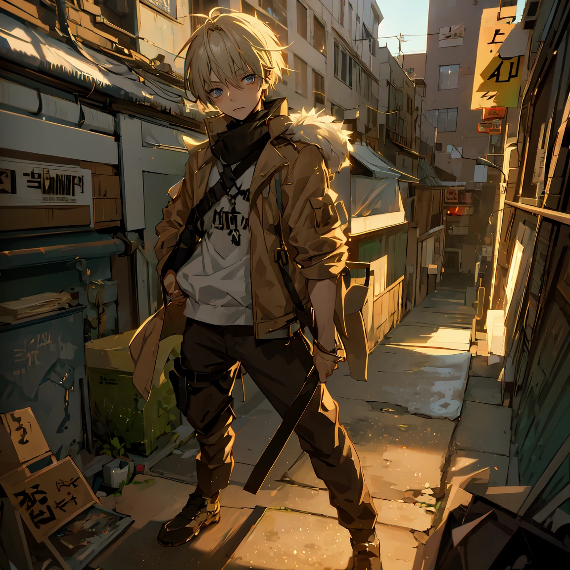 One male character, post apocalyptic setting, gentle looking, young man, short hair, backpack, survivor of apocalypse, soft features, cute looking, messy hair, one single character, male character, post apocalyptic anime, bishounen, handsome, kind, one character alone