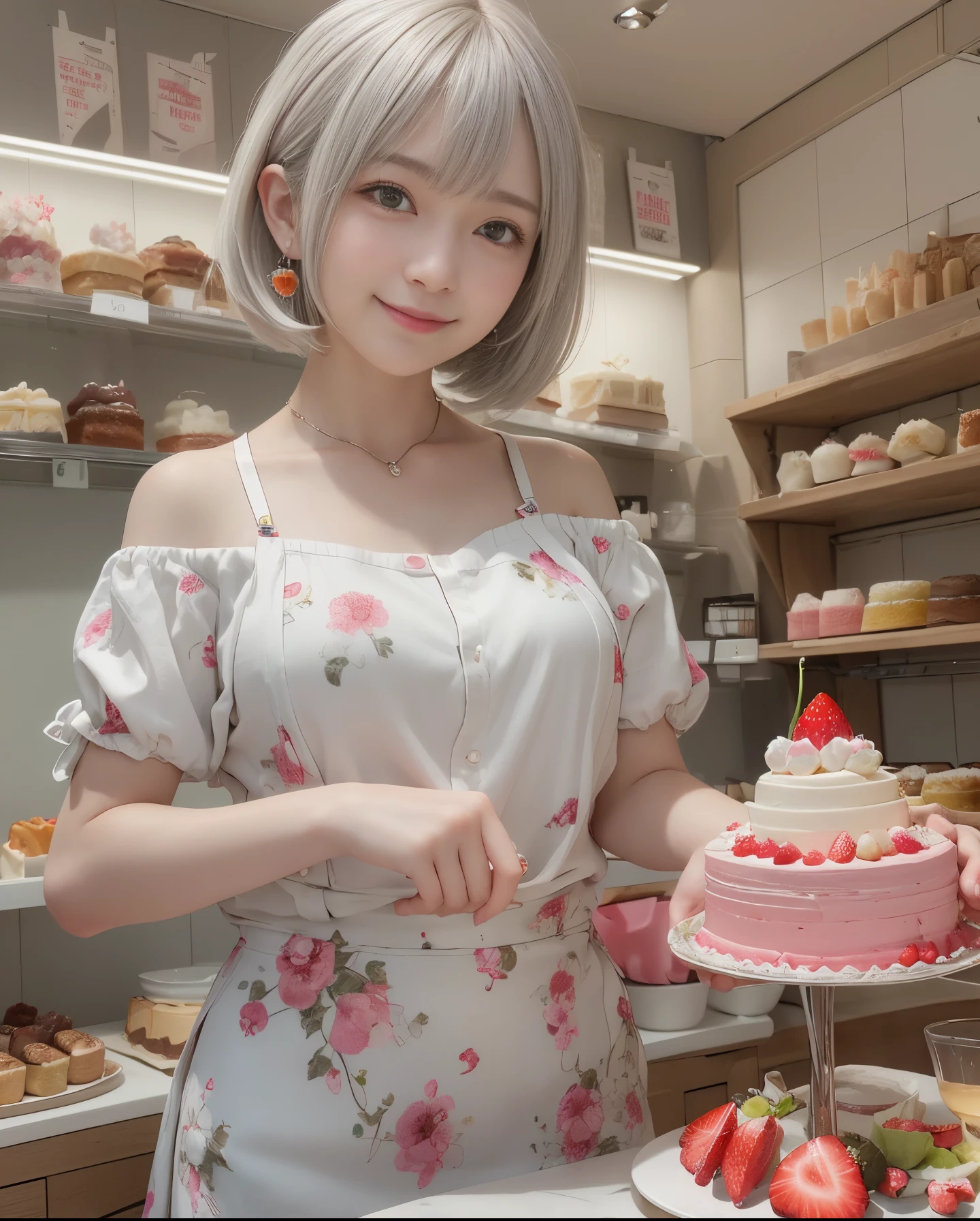 masutepiece、hight resolution、Cake shop、Cake craftsman、30-year-old girl、Smiling at the camera、Finish as shown in the photo、the skin is white and beautiful、Hair color is random、inner colored、short hair to the shoulders、A slender、Strawberry Earrings、Clothes color is random、