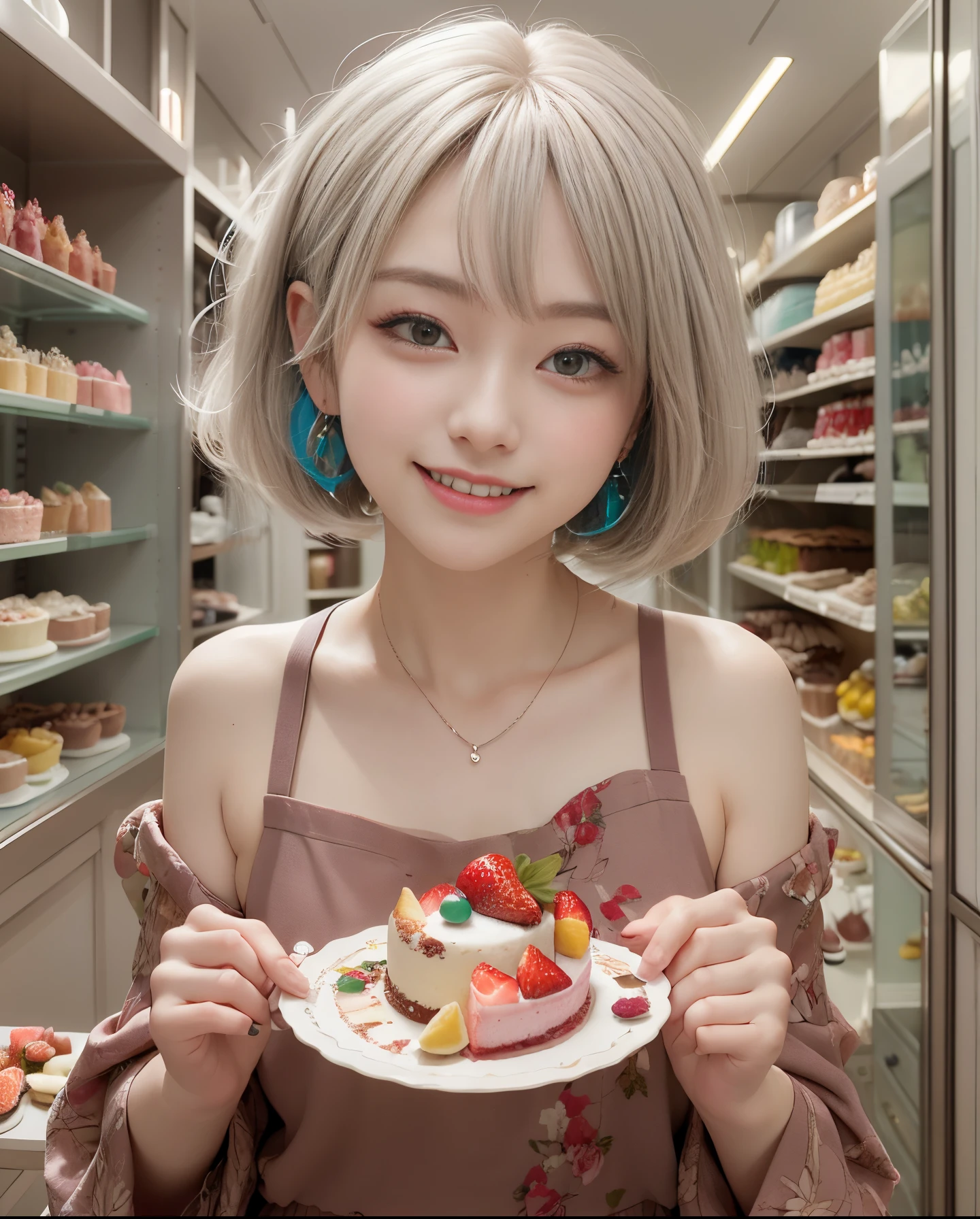 masutepiece、hight resolution、Cake shop、Cake craftsman、30-year-old girl、Smiling at the camera、Finish as shown in the photo、the skin is white and beautiful、Hair color is random、inner colored、short hair to the shoulders、A slender、Strawberry Earrings、Clothes color is random、
