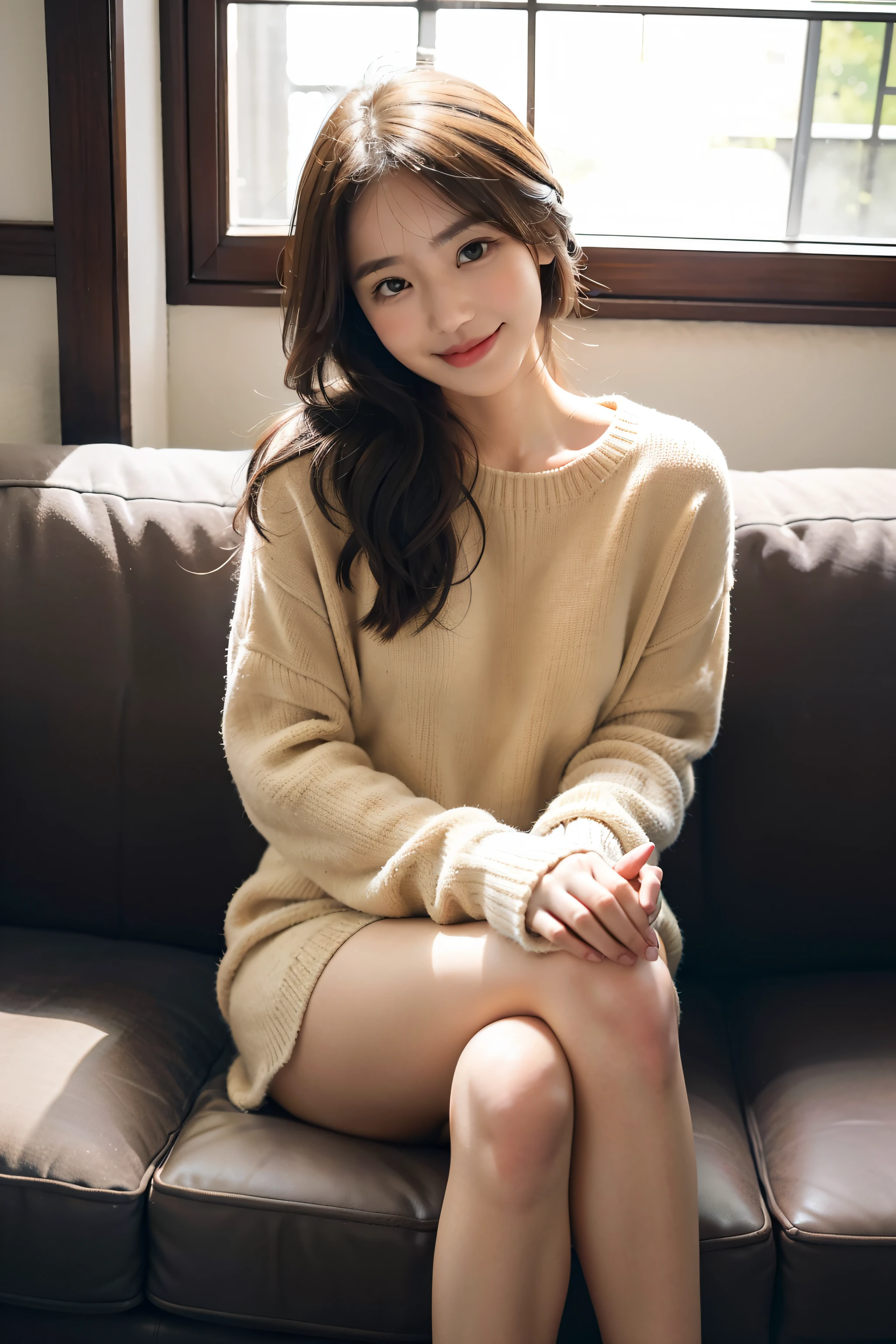 1girl in,Sitting on a cozy sofa,cross one's legs,Soft light、Japan  Woman、a smile