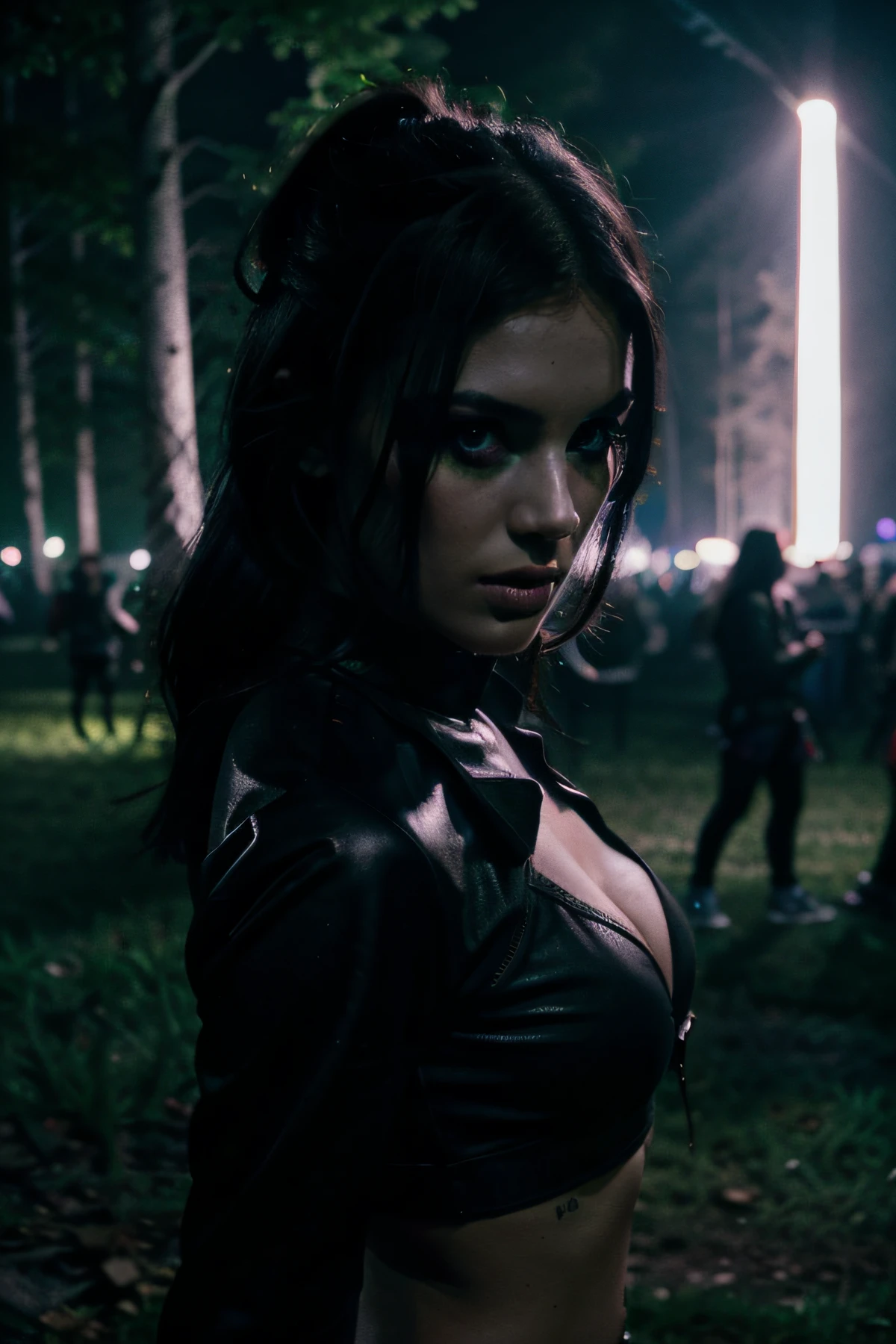 dark vibes, woman model, techno raver, looking badass, no blur, 8k, sexy lady at rave, in rave forest - night time