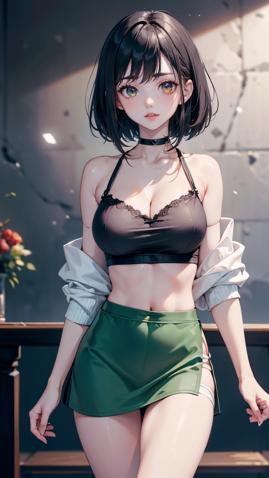 (Masterpiece:1.2, best quality : 1.2, illustration), Gorgeous caucasian woman, (beautiful face), long black hair, (long eyelashes), long thick eyebrows, ((symmetrical eyes)), (beautiful green eyes), (bangs), bangs over one eye, one eye covered by hair, wind blowing hair, ((red glossy lips)), red cheeks, pale white skin, (collarbone), (off-shoulder jacket), black bra underneath, visible cleavage, bare waist (short mini skirt), long legs, ((visible thigh)), dynamic standing pose, slighly bent forward, looking towards the viewer, slightly dark environment, standing near a river, ((pebbles)), huge snow mountains in background, ((wallpaper)), highres, 4k, 8k, 1080, HD, Intrinsic details, aesthetic indoors, ((blurry background)), highly focused, extremely detailed, award-winning, (shadow effect), (detailed face), (symmetrical eyes)