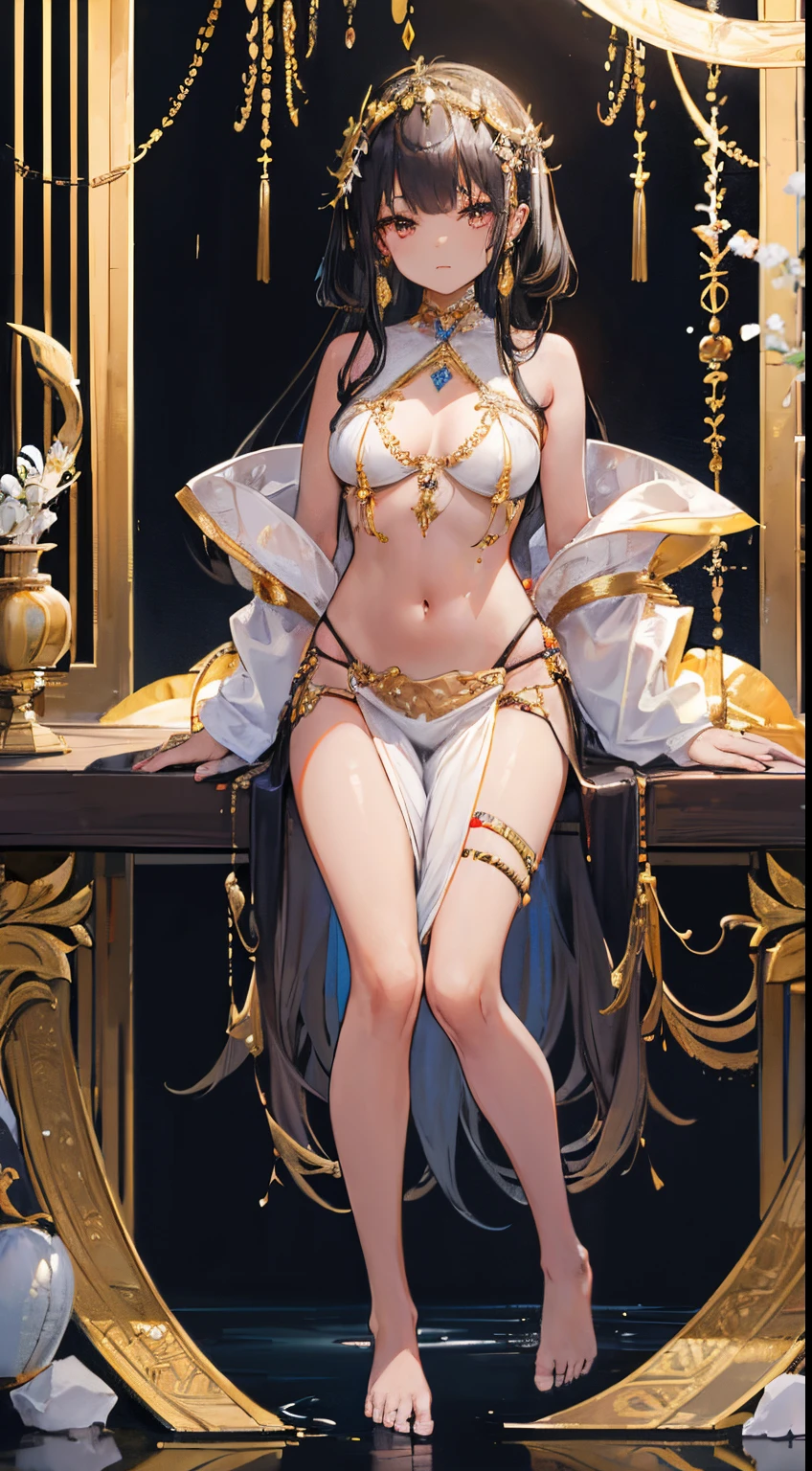 13 year old girl,middle breasts，Wearing gold and silver jewelry，bare feet,Brown skin，Southeast Asian girl，with black curled hair，Southeast Asian decorations，Southeast Asian peopleull body like，standing，Black colored eyes， rained heavily，pond side，grimy