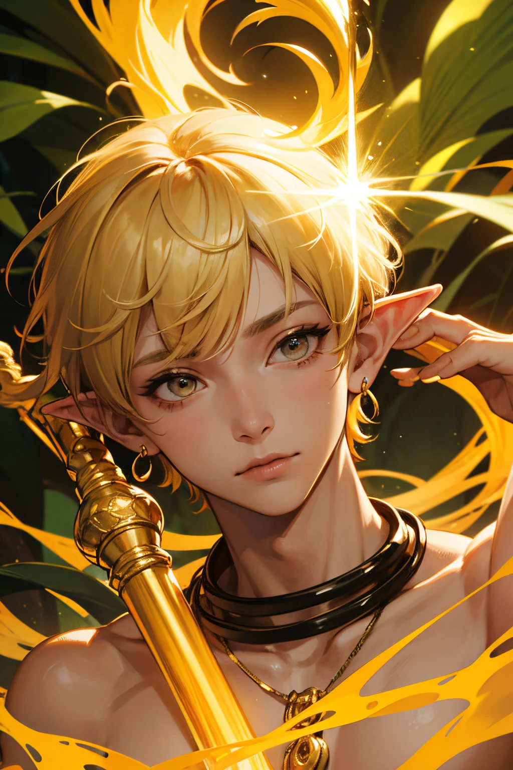 face of a boy, bowl cut blonde, his eyes are golden, jungle boy, his ears are like an elf, his face shows determination and claw, close to his face is his golden staff, which he is holding , the staff is made with golden tree branches, the staff is emitting golden energy, his face is being illuminated by this golden energy that comes out of the staff, he does not wear clothes, he wears necklaces and earrings made with colorful macaw feathers, style anime, face, staff, magic, power, naked, close-up face, jungle boy