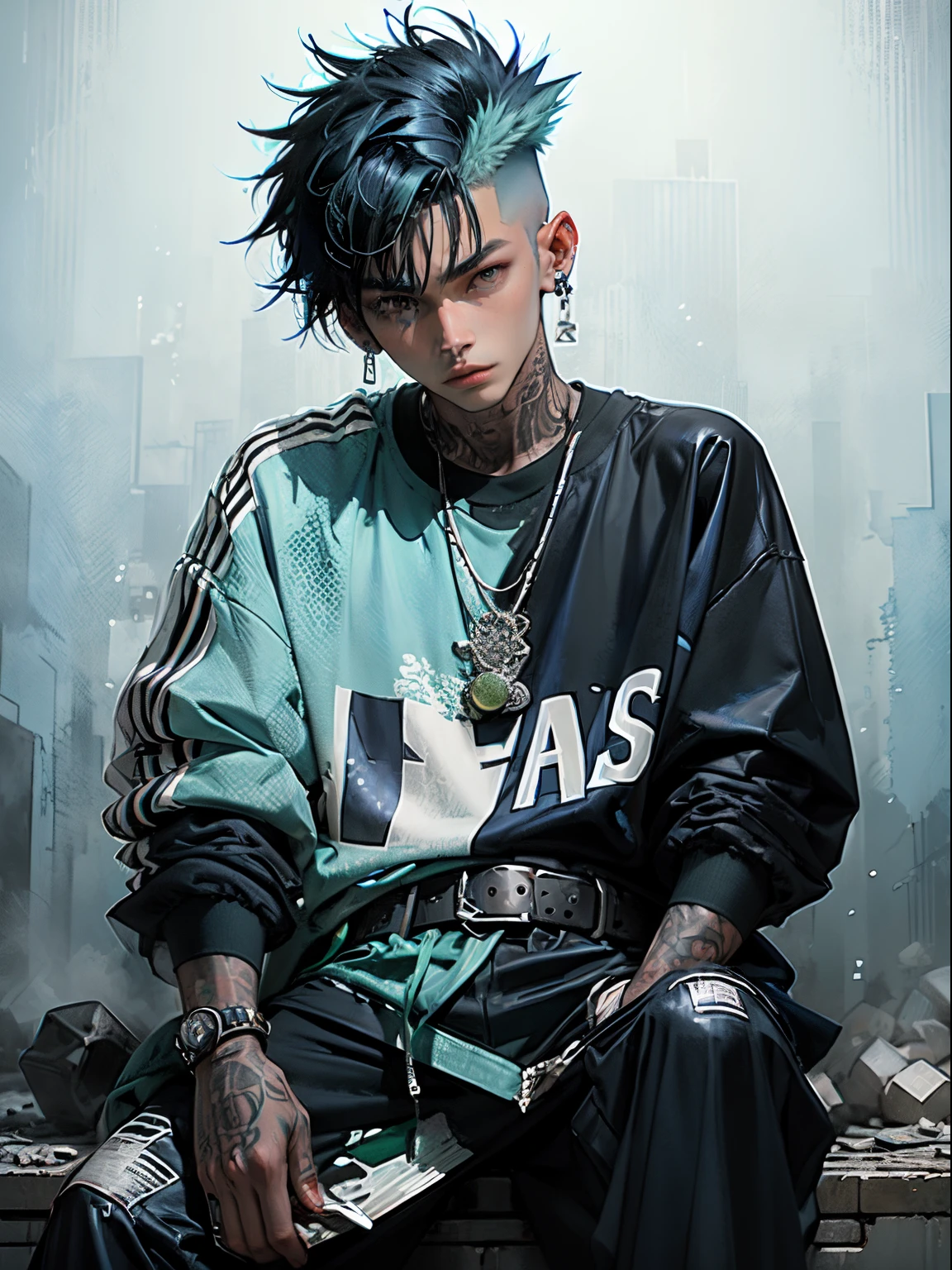 Kpop boy with fade cut dark blue hair with with (frosted white tips top hair), cute face, irresistible, sit pose, poser, serious face, full half body show, tattoos, wears cool black mixed blue ang green open jacket with long big sized shirt, long black pants with belt, paint background, popstar, has messy lime green hair, and a green one-suit with a diamond. He has a normal Putt Putt Troll appearance overall, as most of them resemble his appearance with exceptions like Viva. His attire a reference to the golfing attire of golfers.