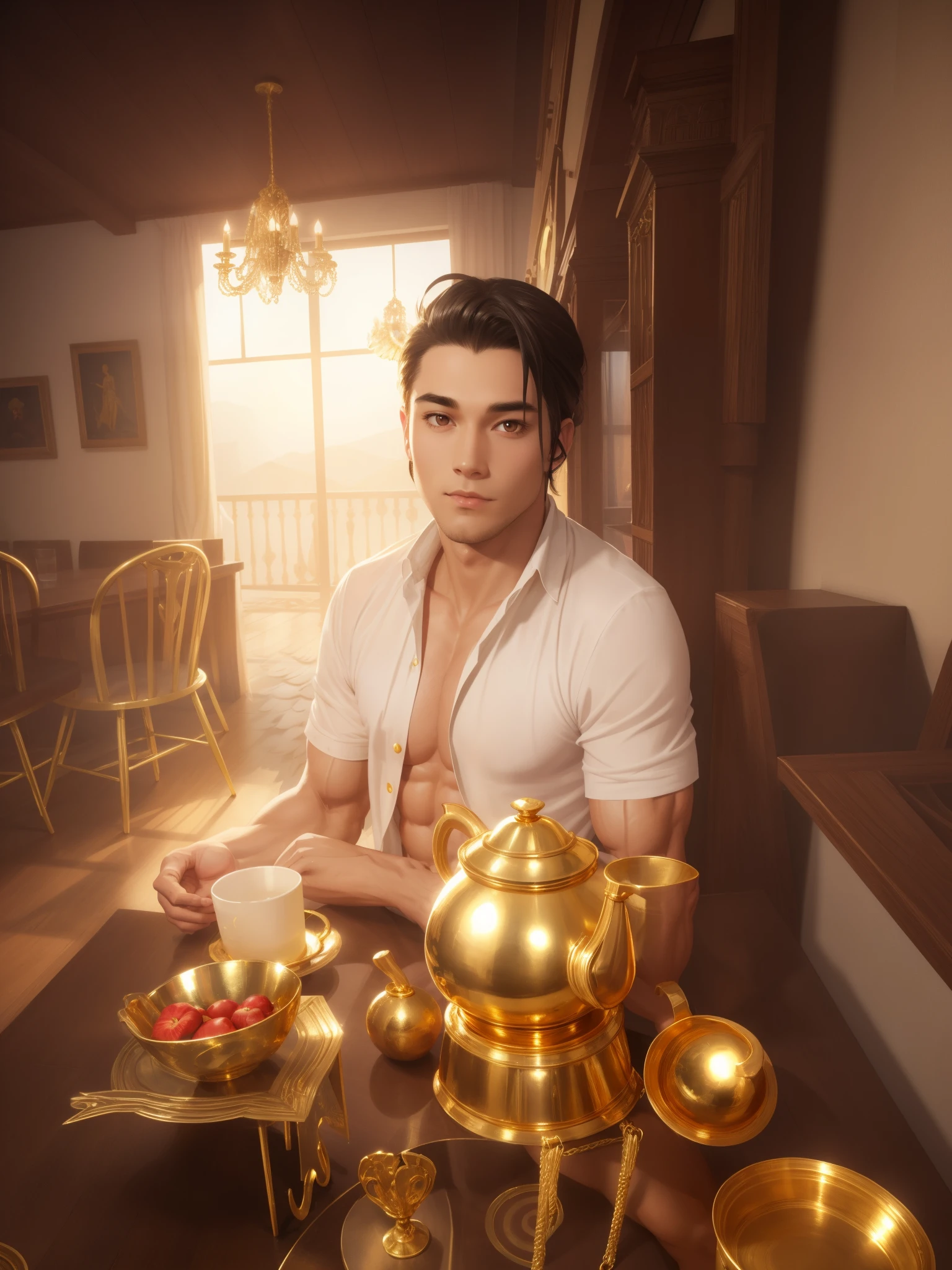 1guy, solo, 19 years old, muscular body, large male chest, white translucent mantle, long white mqntle, bare chest, bare shoulders, gold loincloth, gold leg jewelry, red eyes, long black hair, loose long hair, two pigtails, angel wings, big ideal , big , one pair of
