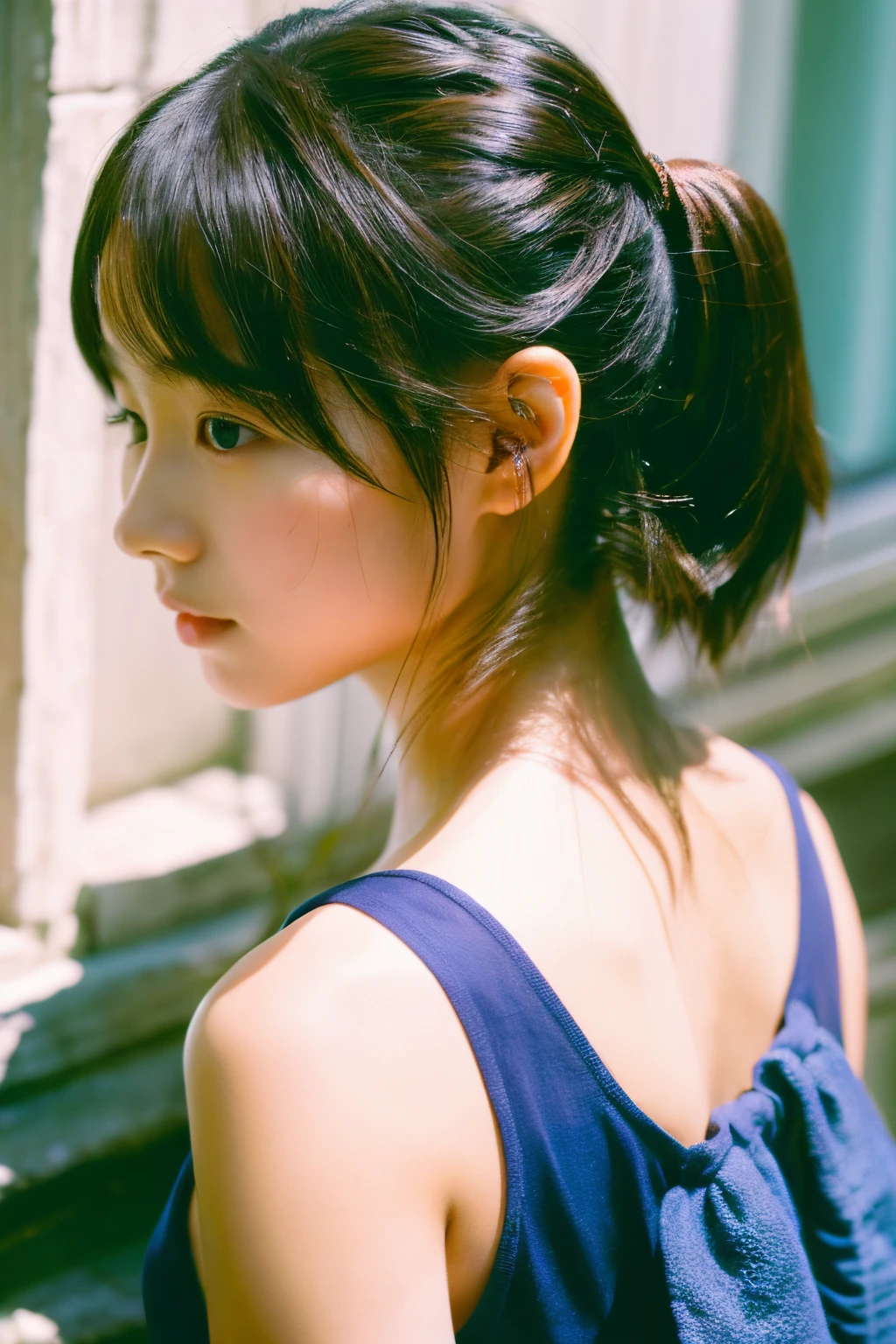 ((1girl in)),((building)), Braided bangs,braided ponytails,(Solo:1.2), Balck Hair, sixteen years old,Looking at Viewer, Sunlight,Hanfu, Chenkiang-hsien,