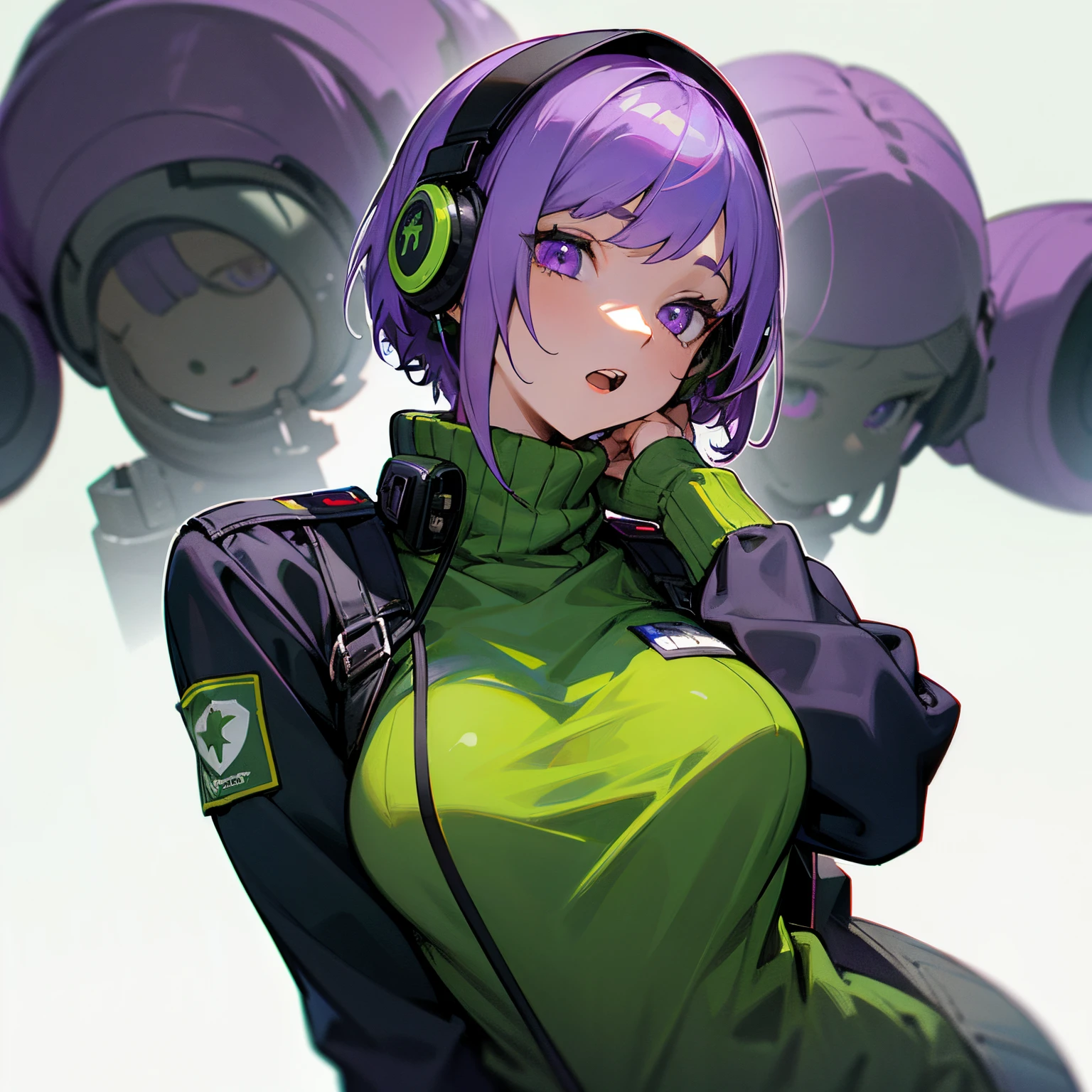 1 woman, 1 woman with purple hair, the woman's hair is purple on the outside and dark green on the inside, the woman has purple eyes, woman with short hair, the woman is wearing a long-sleeved sweater with a turtleneck, the sweater the woman is black, black military sweater, black sweater with green prints, green military sweater sleeves, 1 woman with a curious expression, curious expression, open mouth, curious woman, long shot, 1 woman with military headphones, headphones green military, green headphones, white background, 1 woman on a white background, behind the woman a white background, 1 woman alone on a white background, woman with a white background behind.