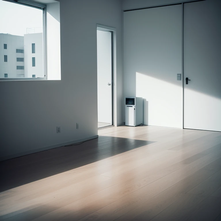 Minimalism, Empty room, no furniture, white room, 1man standing, no home appliances, emptiness, cold, lonely,