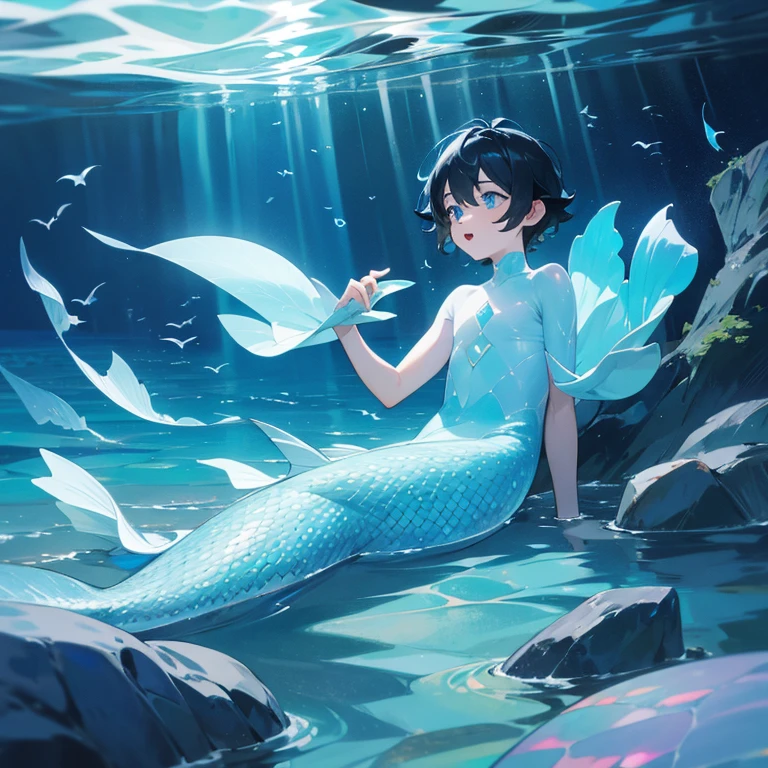 In a serene sea setting, a mesmerizing Water elf boy with delicate and radiant attire exudes an otherworldly glow. The magical and enchanting atmosphere evokes tranquility and wonder. (Black hair), flat chest, topless, waist lace, pearls, starfish, seashells, jewelry