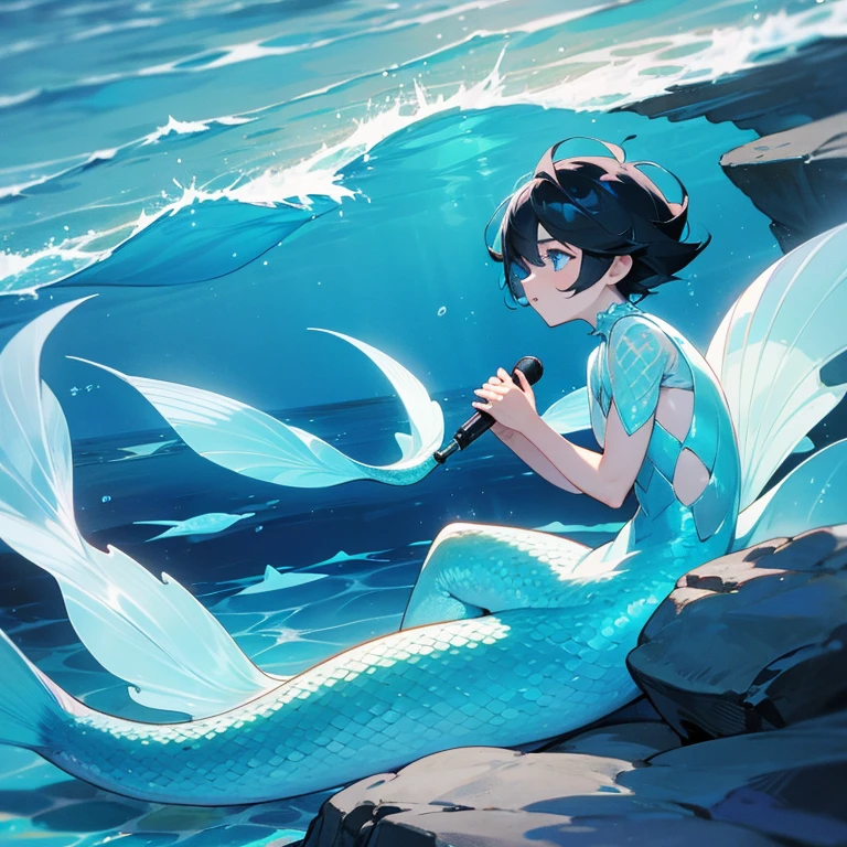 Mermaid boy singing, mermaid boy sitting in a rock, opalite tail, iridescent scales, boy with black hair and blue eyes singing on a rock at sea, ocean, waves, sea,