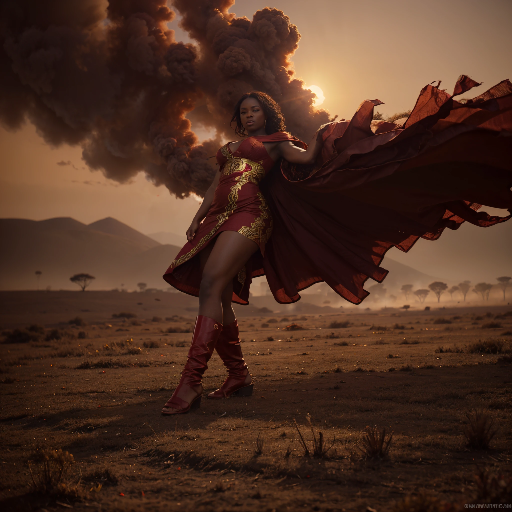 Wide angle shot of a beautiful african woman dressed in a red and gold African designed dress, with red smoke on the ground blowing with the wind, red sun in the background providing a moody atmospheric cinematic lighting, hyper-realistic image, 32k, ultra HD, unreal engine rendered, cinematic lighting, artgerm style,