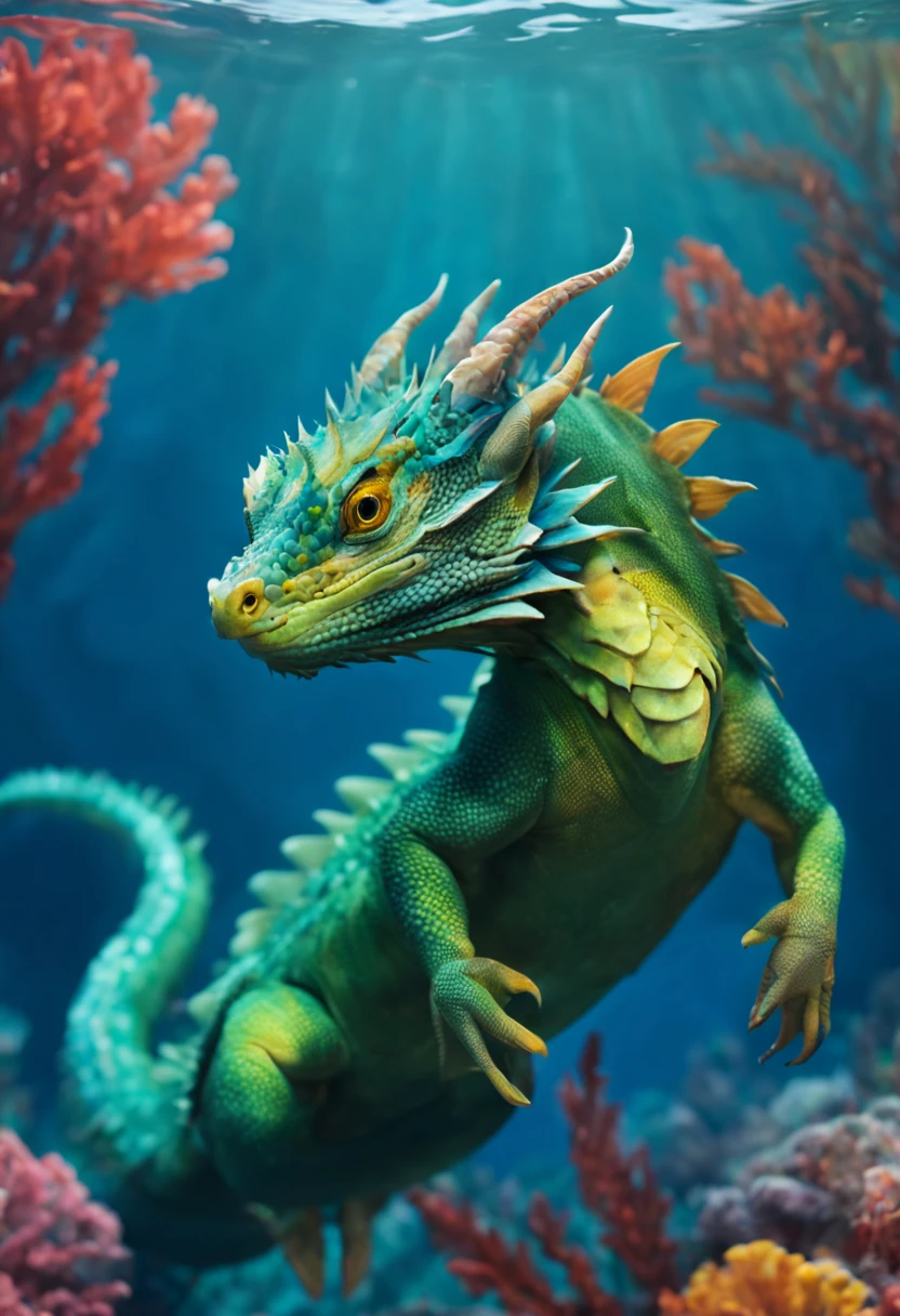 A water dragon, cute, swimming in the vibrant ocean