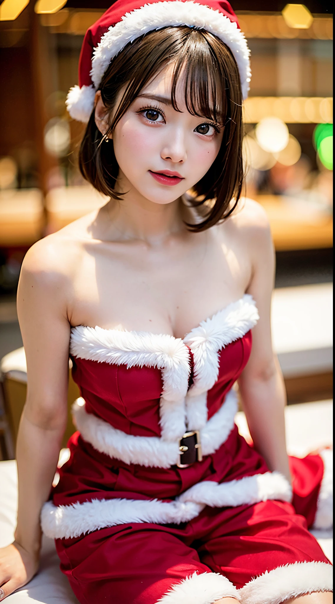 (8K, top-quality, masutepiece:1,2), (reallistic, Photorealsitic:1.37), Super Detail, One girl,), (Highly detailed), (beautifully detailed eyes), (of the highest quality), (super detailed ), (masutepiece), (Detailed face),20yr old, ,1 girl, black hair,Very short hair, medium breasts, full body, looking at viewer, standing, seductive smile,stand, santa dress, santa hat, Dacchuno、cristmas, Christmas, illumination, night