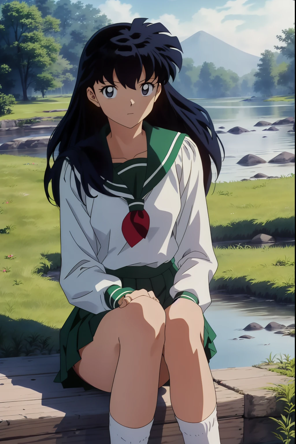 (Masterpiece: 1.6, Best Quality), (Fine Beautiful Eyes: 1.2), (best quality, masterpiece, highres), kagome higurashi, 1girl, solo, green school uniform, soft thighs , long sleeves, white socks, sitting, scenery