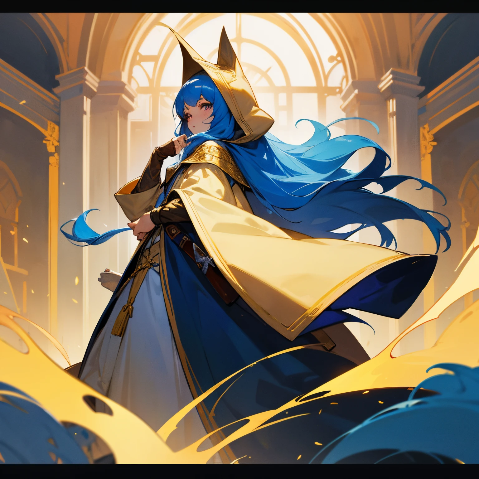 blue hair girl that has long curled hair. Her eyes are golden as gold. Her height is normal. She is a thief in fantasy world. She comes with her old cloak hood. Her weapon is an archer. She loves stealing thing from others. Her personality is cool and brave.
