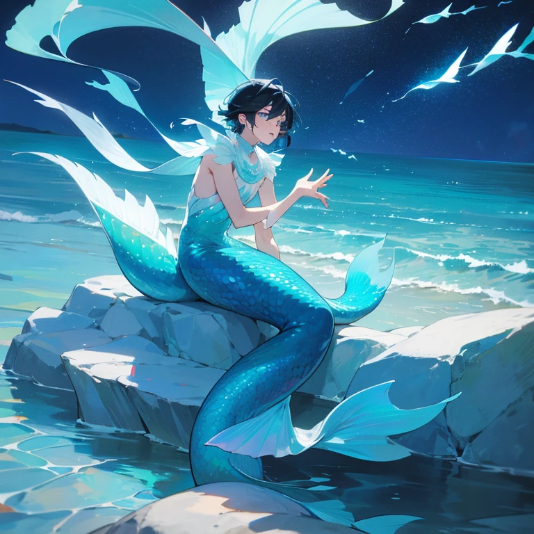 merman, with tail, long tail, flowing black hair, beautiful boy, full body, perfect, well detailed, well defined, ultra realistic, cinematic, neutral background, 8k.