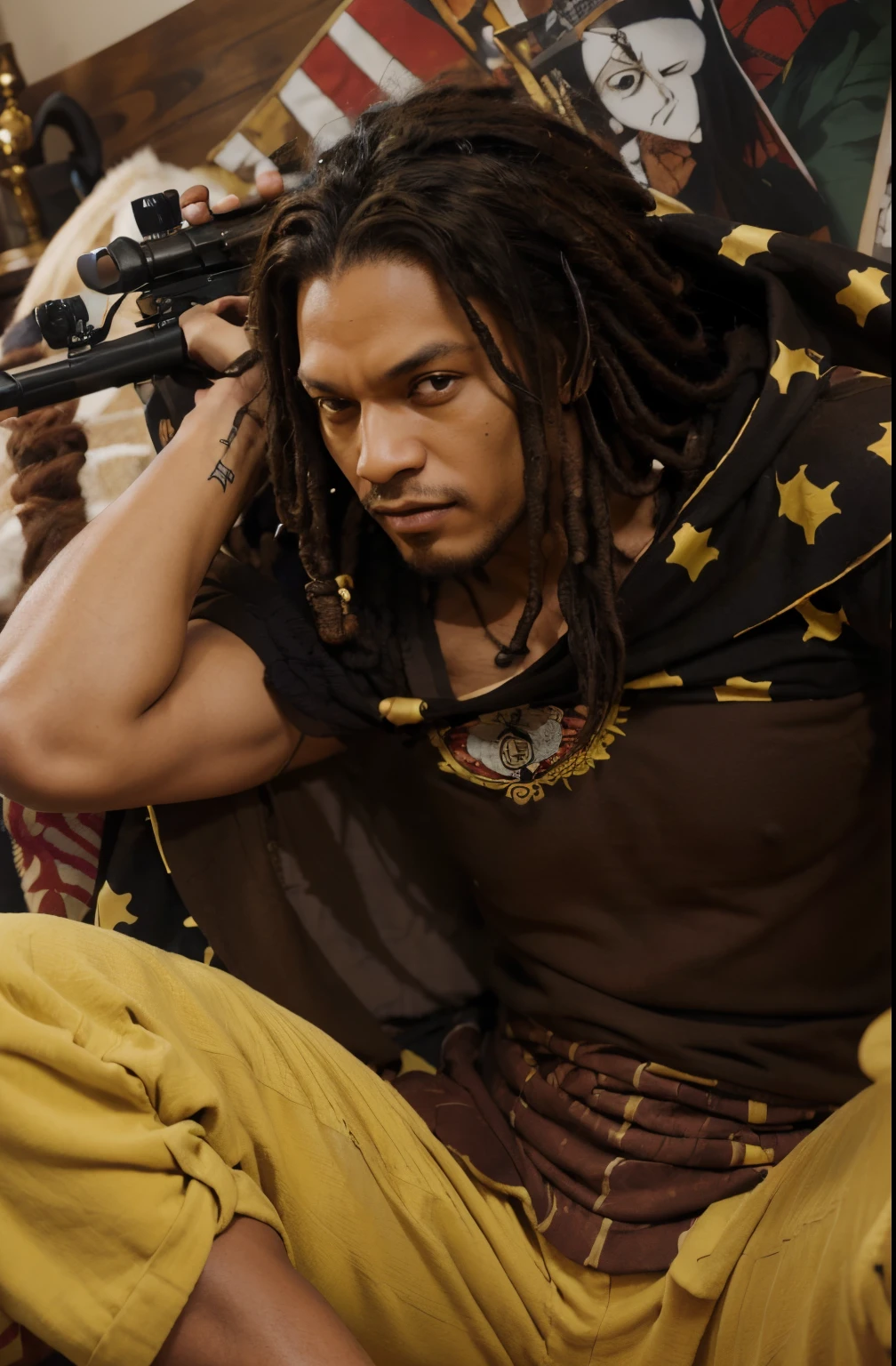 (((Yasop from one piece))), ((1man)) ((OLDMAN)), (((yasoop))), ((onepiece)), ((realistic)), ((ultra detailed)), ((masterpiece)), ((high quality)), best quality, (((dreadlocks))), ((weapon)), (((black skinned))), (((negro))), (((brown hair))), (((from africa))), (((close one eye))), (((wearing a brown t-shirt))), (((wearing yellow trousers))), (((wearing a robe))), (((holding a rifle on his shoulder))), anime characters sitting on a bed with a cow in the background, furio tedesschi, from one piece, fujita goro!, roguish smirk, bara, official art, bald male swashbuckler, rogue bard, oda non, closeup!!, more details, goro, extra detail, heavy shading, [ closeup ]!!