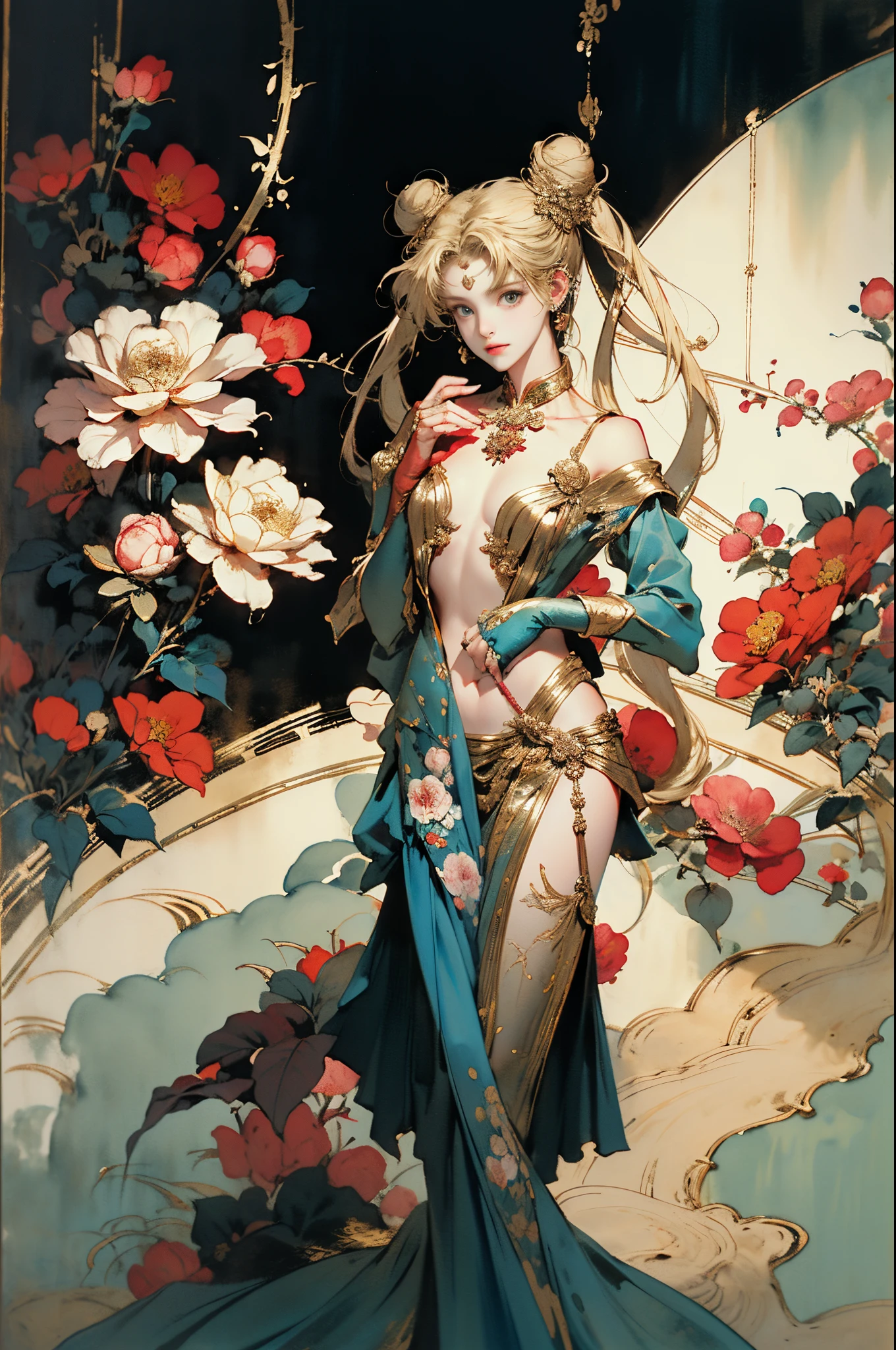 (tmasterpiece,quality,Best quality,offcial art,Beauty and aesthetics:1.2),(the sailor moon:1.6,Mariner Moon:1.6),((Long blonde hair, dual horsetail)),((Double ponytail in gold:1.6,Parted bangalls in a bun:1.4,Red round hair accessories in bun)),The content very detailed,(s fractal art:1.1),(One color:1.1)(flowers blooming:1.3),Most detailed,( tangled:1.2), (dynamicposes), (abstract backgrounds:1.3), (Chinese fabric:1.2), (Skin glows), (Lots of colors:1.4),(耳Nipple Ring:1.4),(Decorative painting:1.6,), lamplight,Ink painting and watercolor,ink,water ink,