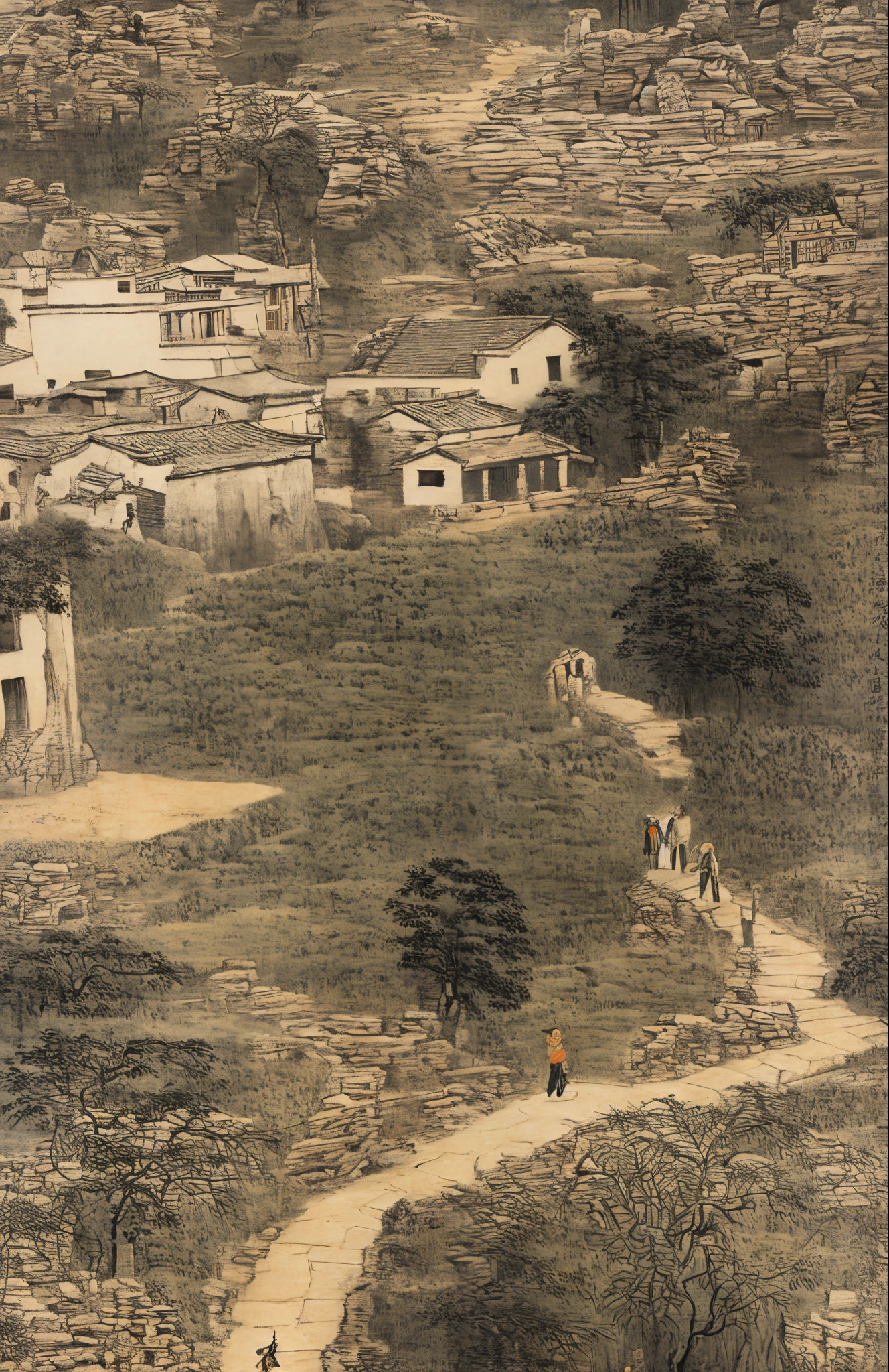 Chinese village on the hillside, people walking through the woods,, style influenced by ancient Chinese art, light yellow and light black, Chinese painting, ink painting, Bada Shanren, Xu Wei, Shi Tao, organic architecture, hiking, earthy naturalism