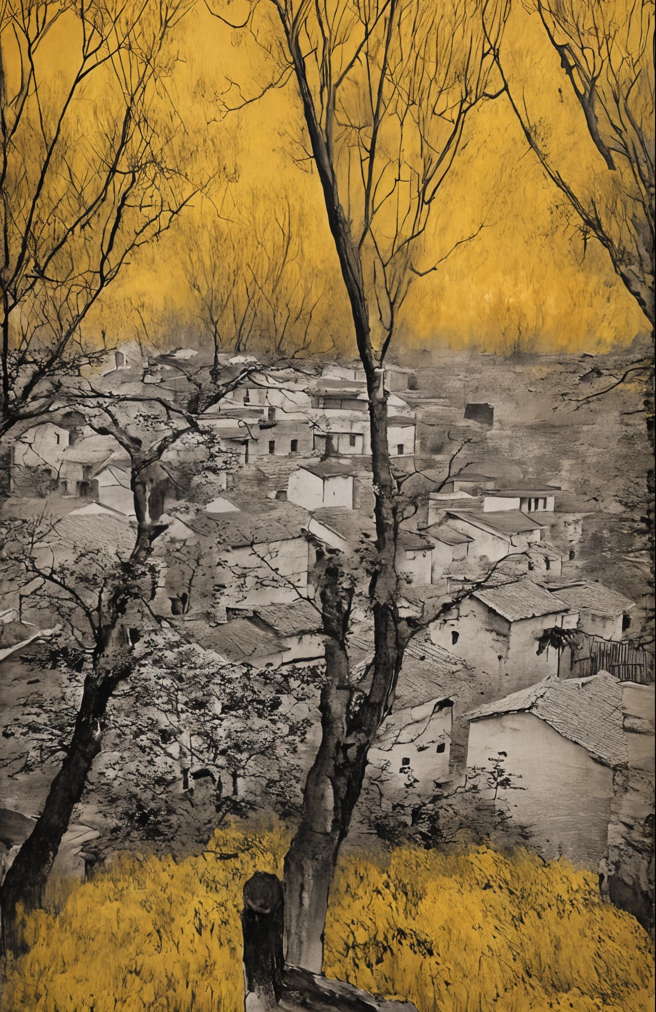 a view of a village in honghua and the mountains, in the style of rustic naturalism, the style  influenced by ancient Chinese art, light yellow and light black, Chinese painting, ink painting and watercolor painting, Bashan people, Xu Wei, Shi Tao, organic architecture, hiking, unpretentious naturalism