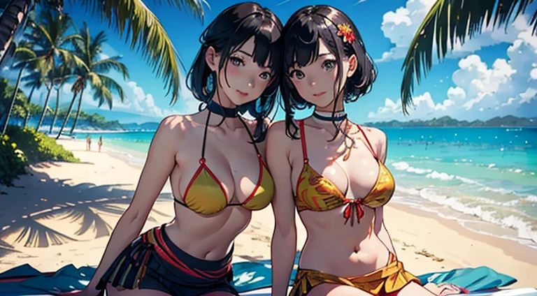 ​masterpiece、top-quality、超A high resolution、 [ 4 k digital art ]!!、 8k high quality detailed art、Wallpaper、 Detailed Digital Anime Art、Realisticity、Cinema Angle、hposing Gravure Idol、(((Two beautiful girls)))、((put your arm around your partner#39;shoulders from behind))、cute  face、 ((Detailed depiction of a beautiful face))、kindly smile、年轻、Bikini swimwear、Photorealistic perfect body、(Bold ethnic patterns wrapped around the waist and skirt and plenty of primary colors)、light Particle、llight rays、Tropical、Against the background of palm trees on both sides、on a sunny beach、Against the background of the sea、blur backgroun、
