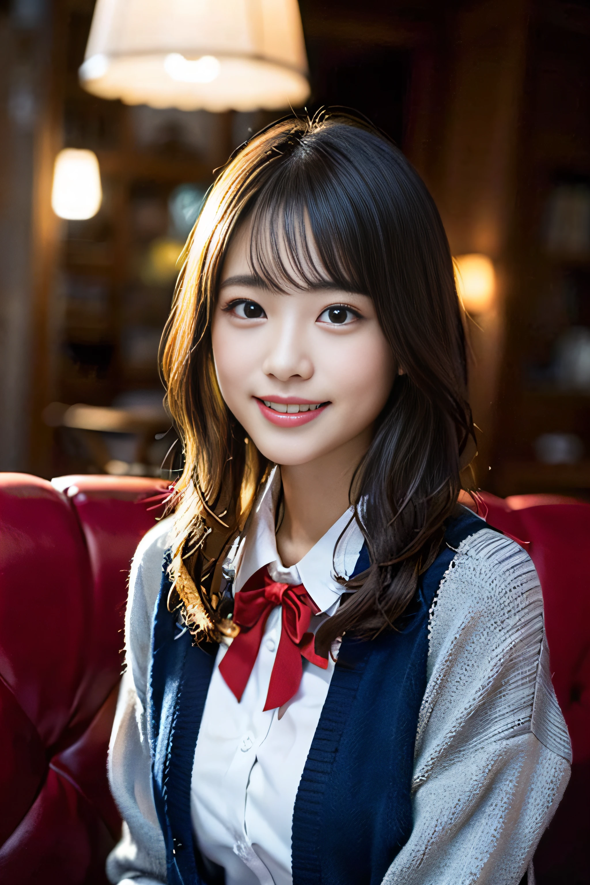 (8K、Raw photography、top-quality、masterpiece:1.2)、(realisitic、Photorealsitic:1.37)、ultra-detailliert、超A high resolution、1人、see the beholder、beautifull detailed face、A smile、Constriction、(Slim waist) :1.3)、Beautiful detailed skin、Skin Texture、Floating hair、Professional Lighting、Whole human body、Longhaire、a blond、japanese hight school uniform、hi-school girl、Sitting on the couch、red ribbon hair、Happy smile、Childish smile、Suppin、Dark blue cardigan、Sitting on a plush sofa